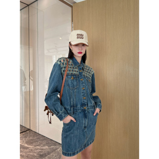 NancyCavally专柜款 复古女郎菱形镂空牛仔连衣裙 重磅竹节肌理纱