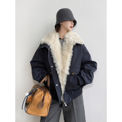 NancyCavally专柜款高密蓬松95白鹅绒可拆卸羊毛领飞行夹克羽绒服