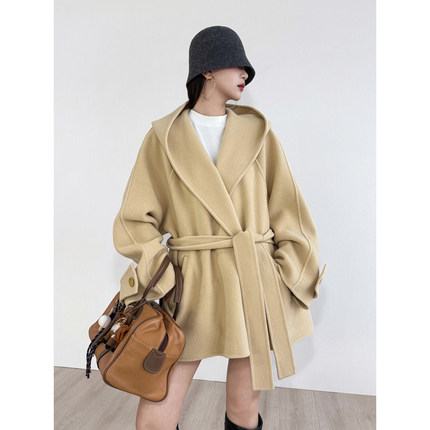 NancyCavally专柜款高支精纺羊毛/桑蚕丝 浴袍式连帽双面呢大衣