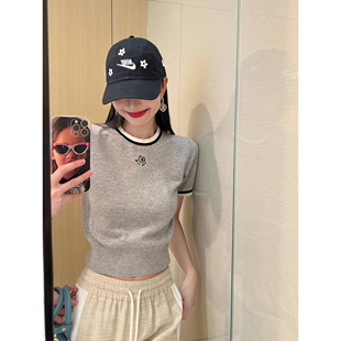 NancyCavally专柜款云朵感100羊毛   撞色边玫瑰刺绣收腰针织短袖