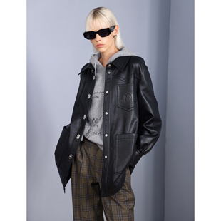 复古廓形仿真皮肌理衬衫 法式 皮衣 博主BI入 NancyCavally设计师款