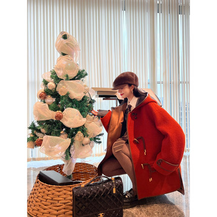 NancyCavally重工系列 颗粒感初剪羊毛软呢 皮镶边牛角扣毛呢外套