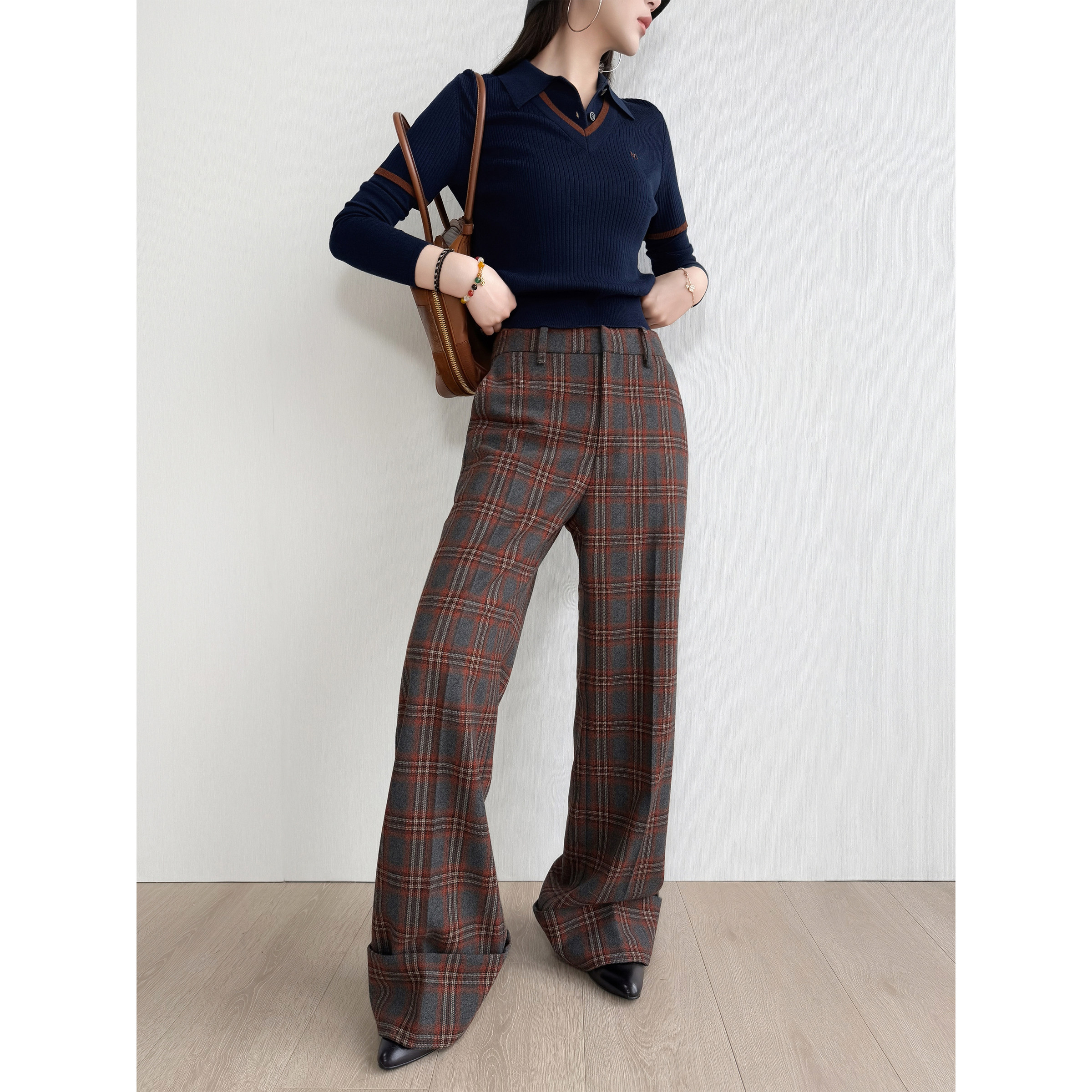 NancyCavally专柜款甄选抗皱精纺羊毛复古英伦绅士风卷边格纹西裤,女装/女士精品,休闲裤,淘宝优惠券,粉丝福利购,淘宝优惠卷