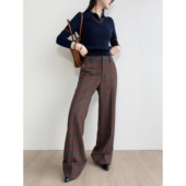 NancyCavally专柜款 甄选抗皱精纺羊毛复古英伦绅士风卷边格纹西裤