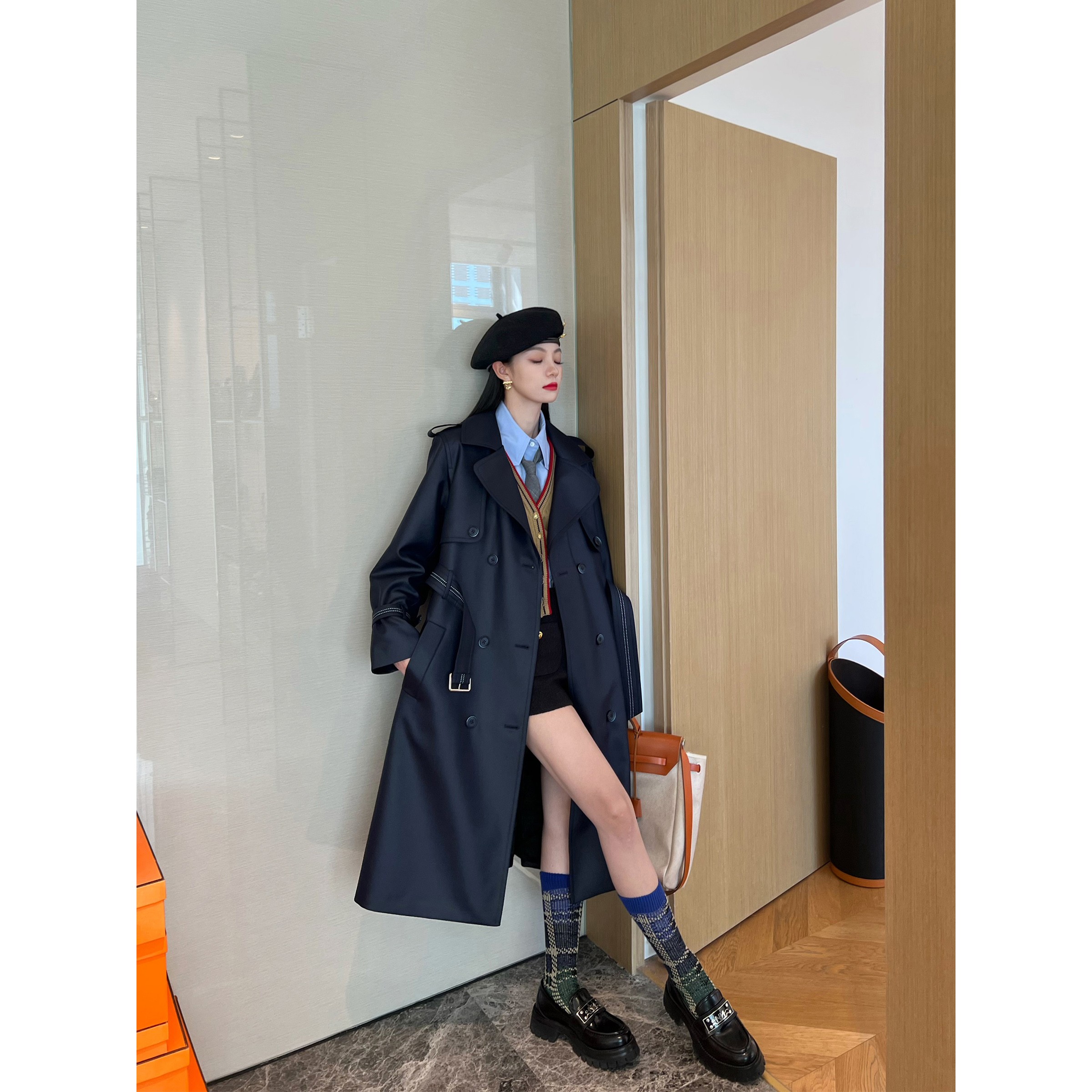 NancyCavally撞色线系带翻领风衣