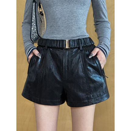 NancyCavally专柜款光感肌理环保人造皮 摩登风尚微抽褶A字皮短裤