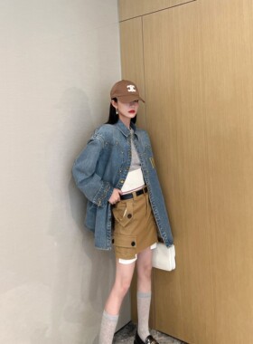 NancyCavally百搭荃能 重磅ans牛仔美式复古铆钉廓形牛仔衬衣外套