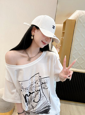 NancyCavally专柜款40S轻柔新疆棉/莱赛尔 多穿领音符涂鸦廓形T恤