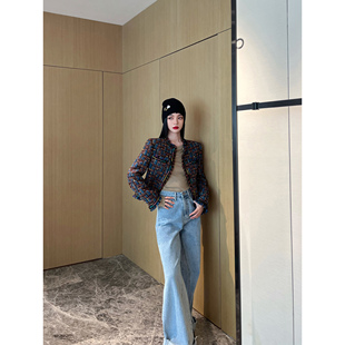 NancyCavally高定彩纱粗花呢 手工幻彩织带镶边手撕毛边小香外套