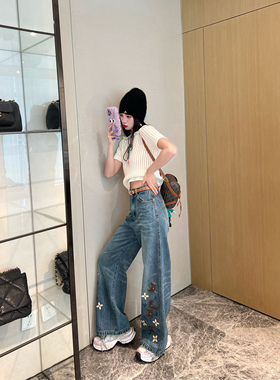 NancyCavally浆染lev*s兰纯斜大牛仔 星月皮标铆钉刺绣直筒牛仔裤