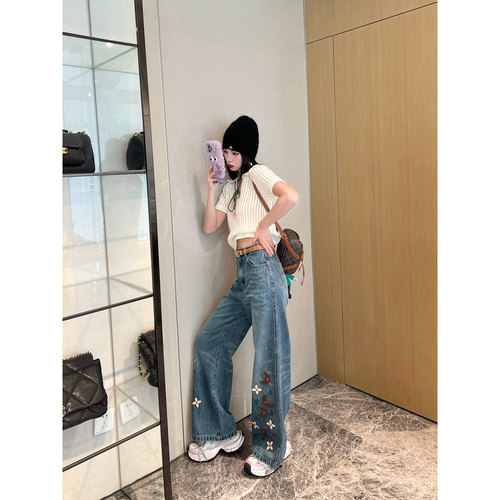 NancyCavally星月皮标铆钉牛仔裤