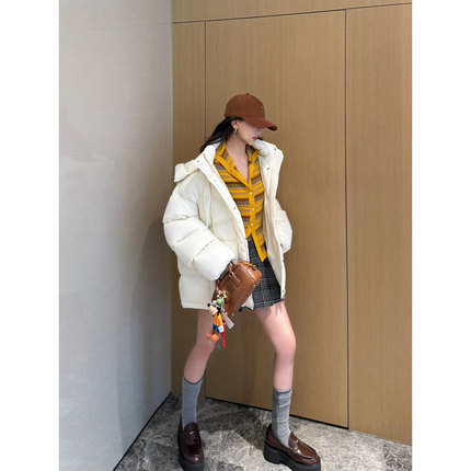 NancyCavally专柜款奢选轻暖95白鹅绒  分割线条感龟背连帽羽绒服