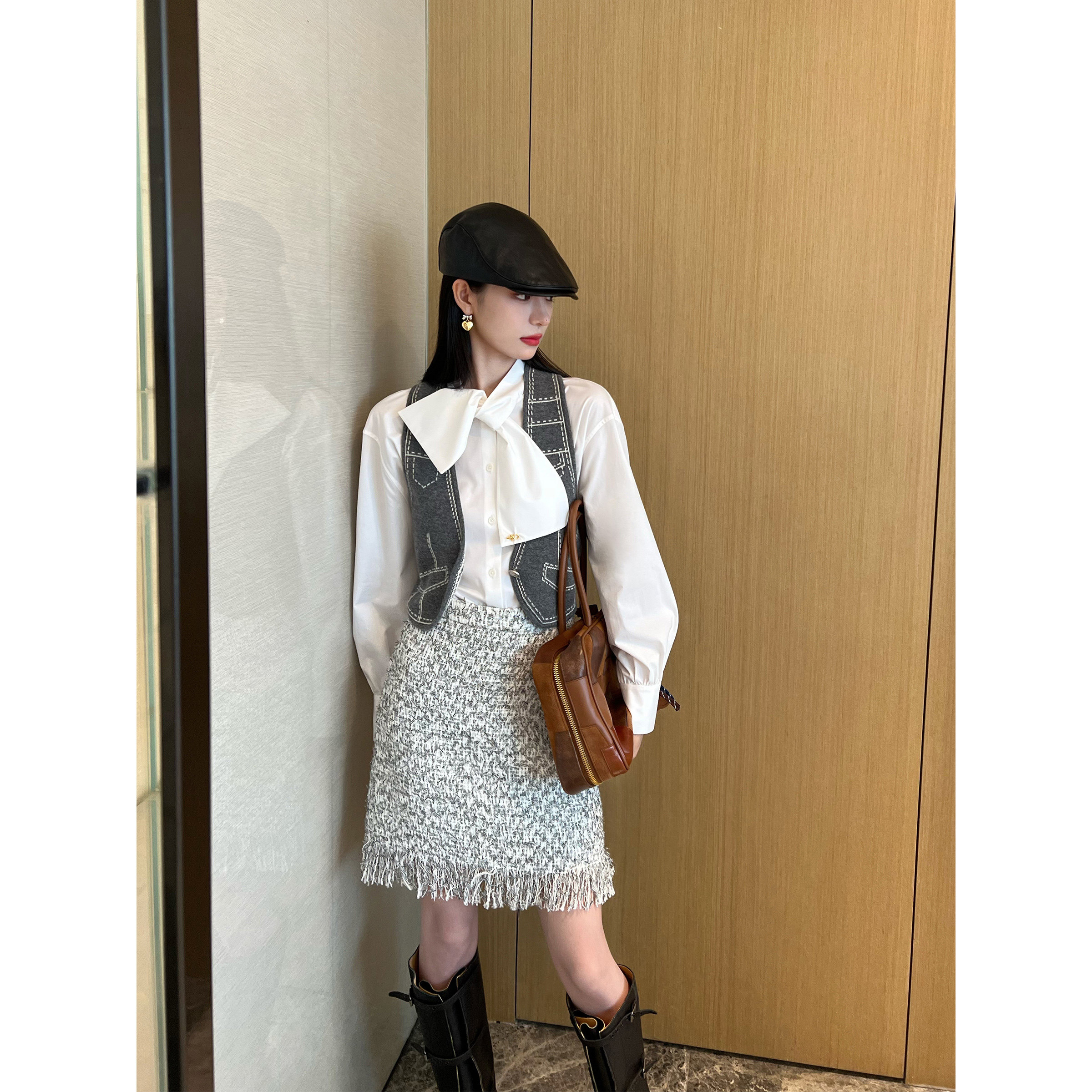 NancyCavally重工系列多种花式圈圈纱 知性大女主H型毛边小香短裙