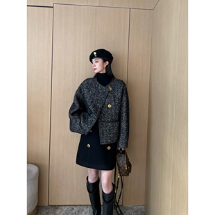 NancyCavally细支圈圈人字纹羊毛混纺  极简ROW风落肩双面呢外套