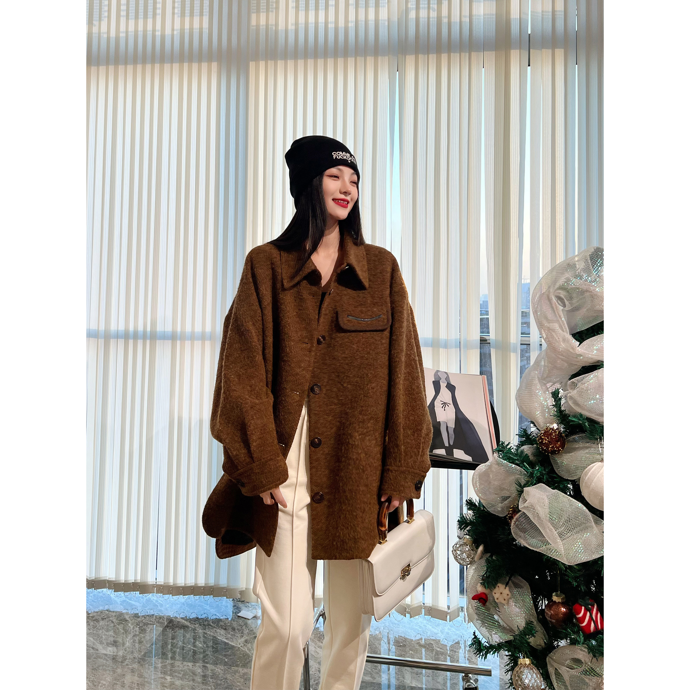 NancyCavally绒感衬衫式毛呢外套