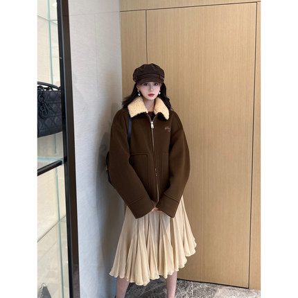 NancyCavally专柜款双重奢料高支澳毛/羊绒羊羔毛翻领夹克呢外套