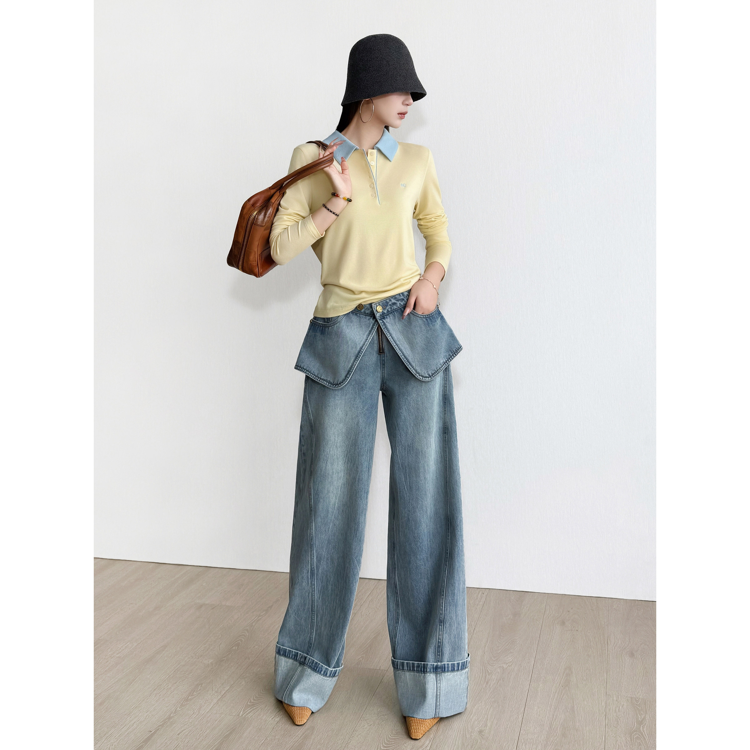 NancyCavally专柜款磨白纹理牛仔棉 Y2K复古辣妹风活页卷边牛仔裤