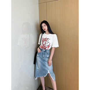 NancyCavally赛洛纺荃棉  水洗磨白割破不规则毛边裙摆牛仔半身裙