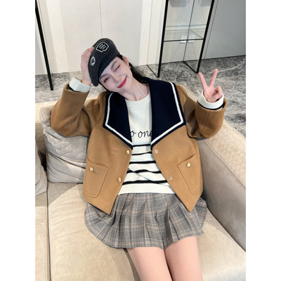 NancyCavally学院风翻领毛呢外套