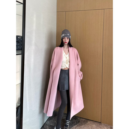 NancyCavally专柜款进口澳洲羊毛/羊绒 随性極简青果领双面呢大衣