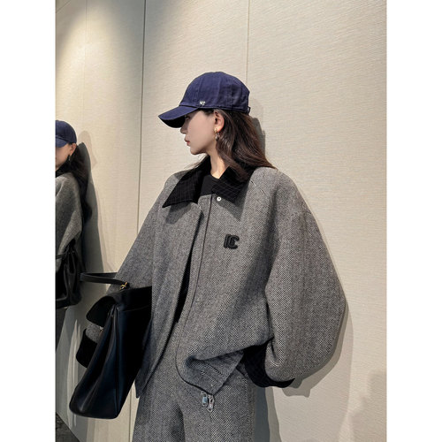 NancyCavally撞色羊皮呢夹克套装