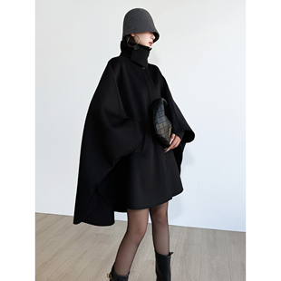 NancyCavally专柜款高奢110s高支羊绒羊毛斗篷式蝙蝠袖双面呢大衣