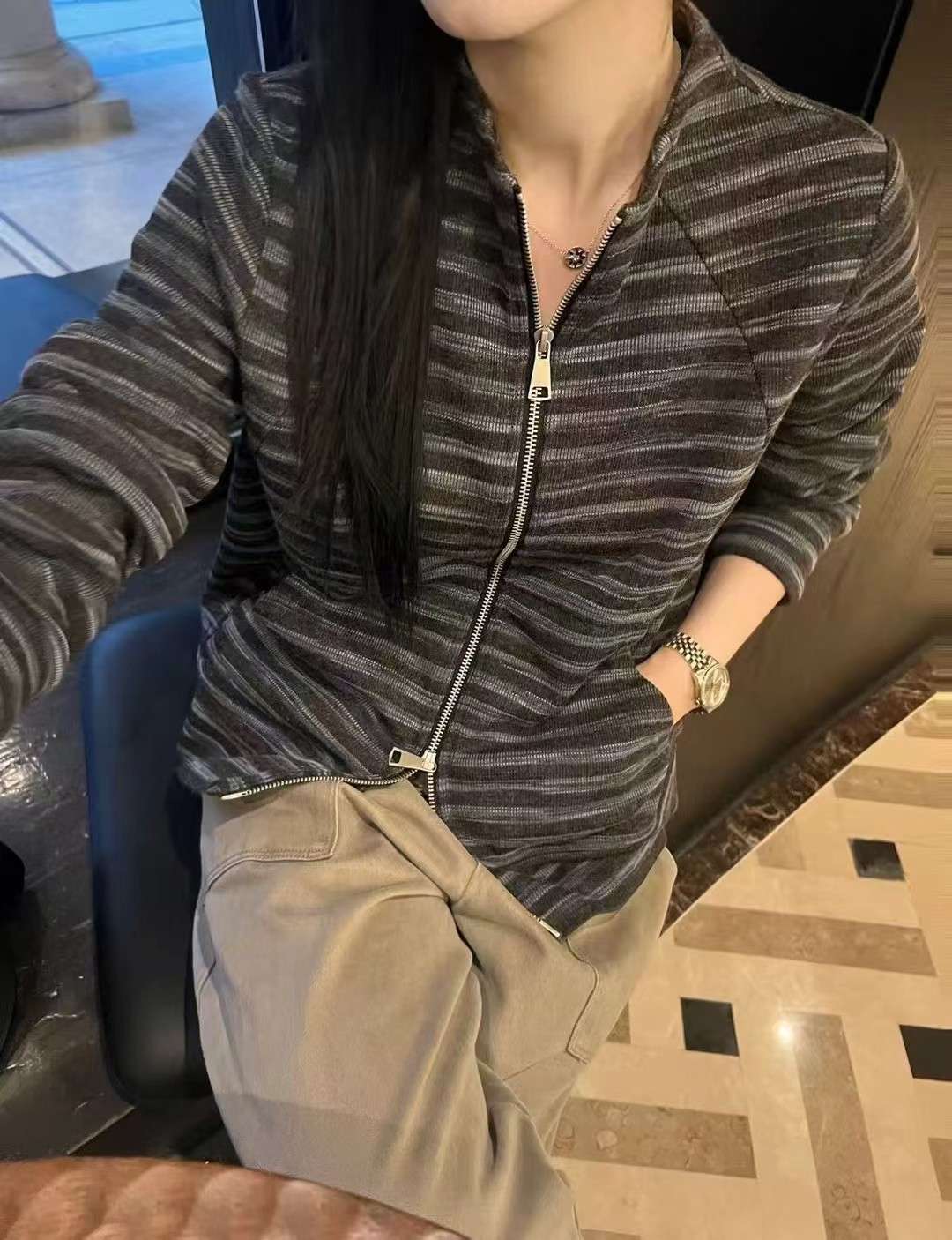 WT条纹开衫外套女26秋季韩系宽松显瘦拉链卫衣小个短款上衣WangTo