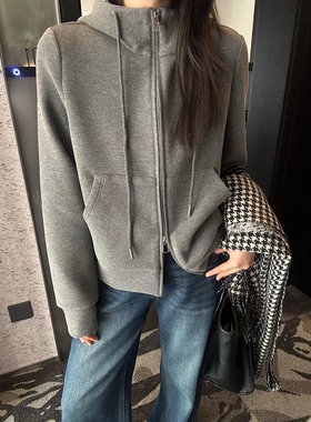 QM25M389加绒连帽卫衣女2025冬季加厚百搭宽松休闲运动短外套上衣