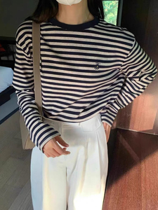 韩系条纹长袖t恤女2024秋季新款宽松显瘦百搭刺绣纯棉打底衫上衣