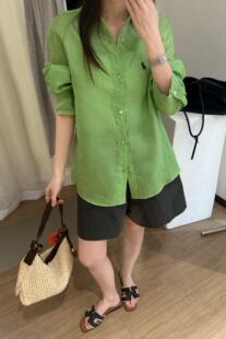 qianbeisi纤贝思1051麻料衬衫女春夏小马刺绣百搭上衣衬衣翻领潮