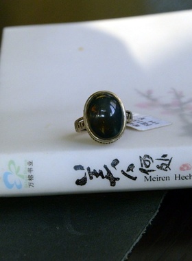 S925纯银镶嵌天然蓝珀戒指纯手工