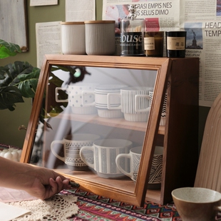 桌面咖啡杯杯子马克茶具展示柜水杯复古木质置物架架子展示盒