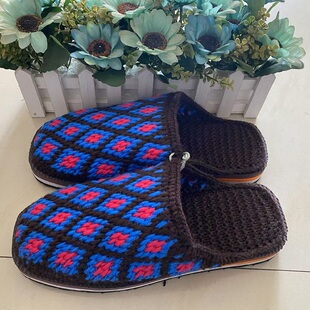 花朵礼品传统 成品现货纯手工勾男防滑平底包头毛线拖鞋 45码