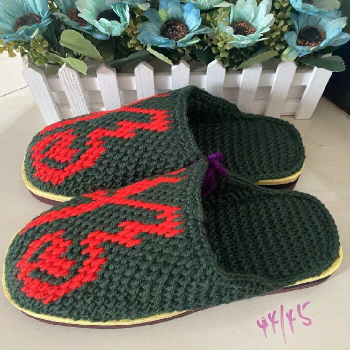 44/45码成品现货纯手工勾男防滑平底包头毛线拖鞋花朵礼品传统绿