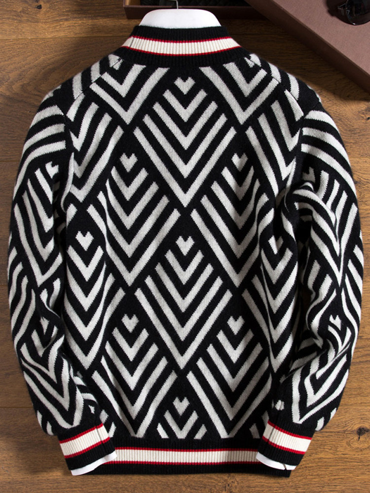 AUTUMN WINTER THICKENED MID NECK CASHMERE SWEATER MENS 100% PURE CASHMERE SEMI HIGH NECK DIAMOND PATTERN CONTRAST MENS YOUTH SWEATER