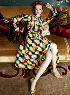 fiu购御姐高级感酒会黄色撞色印花衬衫裙 法式衬衫领显气质连衣裙