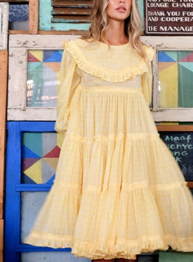 fiu购25新款淡黄色娃娃领大摆海边度假连衣短裙全棉泡泡袖蛋糕裙