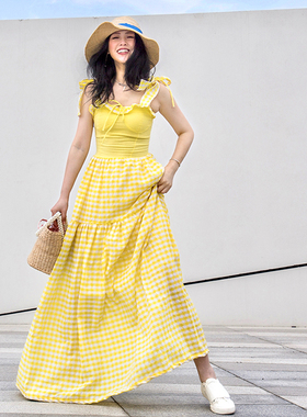 fiu购淡黄色吊带度假大摆长裙 全棉格子巴厘岛甜美松紧抹胸御姐裙