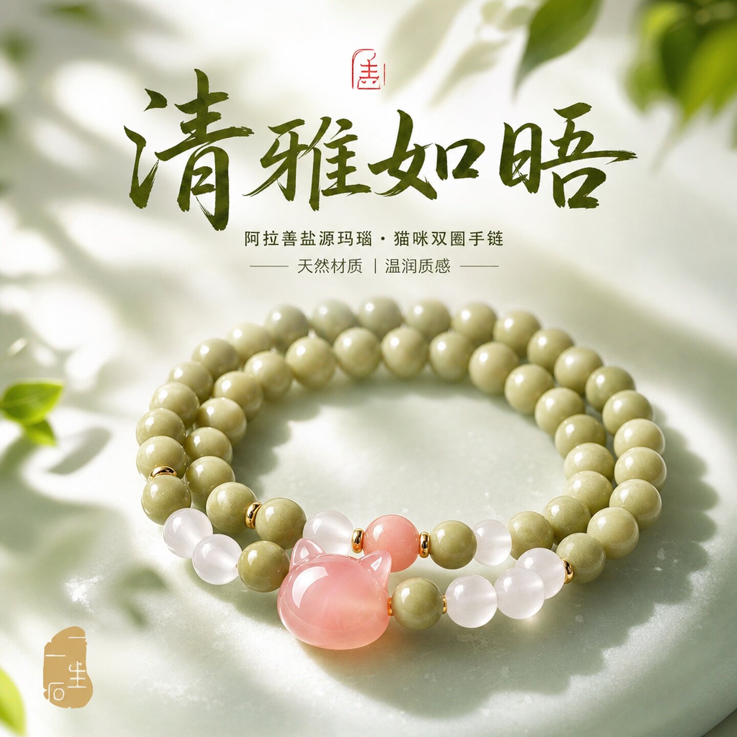 天然阿拉善石手链女双圈盐源玛瑙猫咪手串清雅治愈系礼物