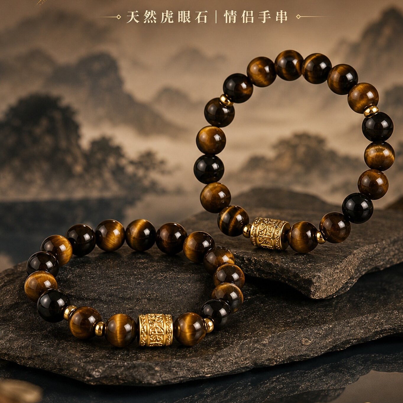 天然虎眼石情侣双圈手链新中式
