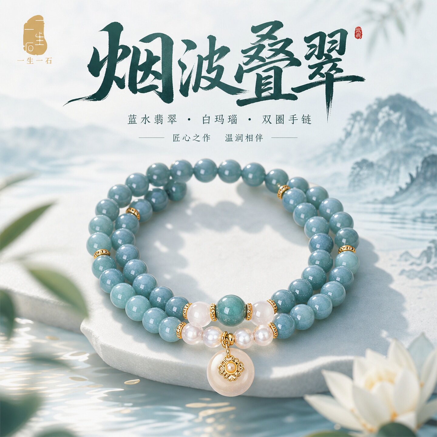 天然蓝水翡翠珍珠双圈手链女款