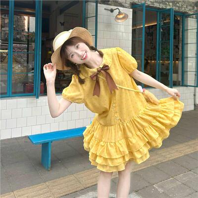 黄色波点夏季连衣裙女2025新款小个子娃娃领夏日甜美可爱宽松裙子