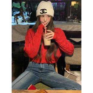 短款红色毛衣女秋冬2025新款网红爆款慵懒风宽松套头漂亮麻花上衣
