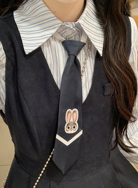 兔子警官~复古甜美学院风领带条纹衬衫背带连衣裙两件套装遮肉裙