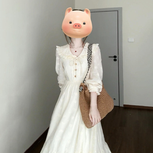 娃娃领法式气质长袖连衣裙子女夏季2025新款打底收腰开春穿搭长裙