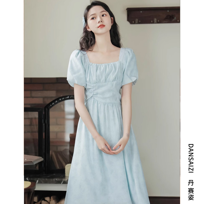 森系小清新蓝色方领连衣裙少女夏季2024新款超火高中初中学生裙子