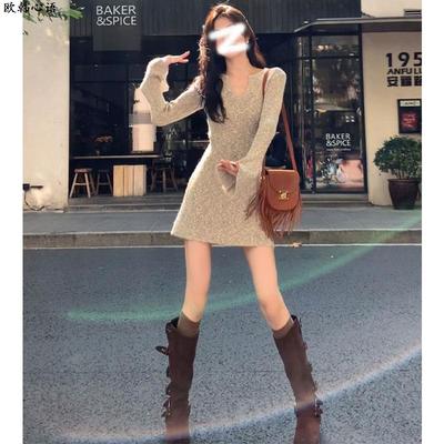 打底V领针织连衣裙女秋冬
