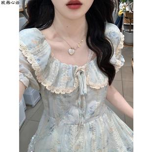 荷叶边连衣裙少女生夏装2025新款初中高中学生刺绣碎花甜美长裙子