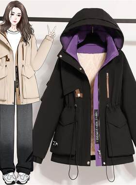 派克服棉衣女士冬季新款加绒加厚中长款棉服拼色洋气大码胖mm外套