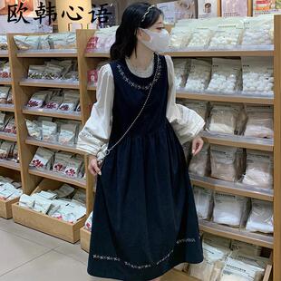 森女甜美部落秋冬复古宽松刺绣衬衫背心裙两件套女少女减龄连衣裙